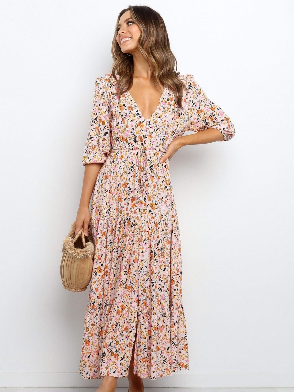Petal and Pup Kelda Tiered Floral Maxi Dress Beige Cottagecore Extra Small - Picture 2 of 11